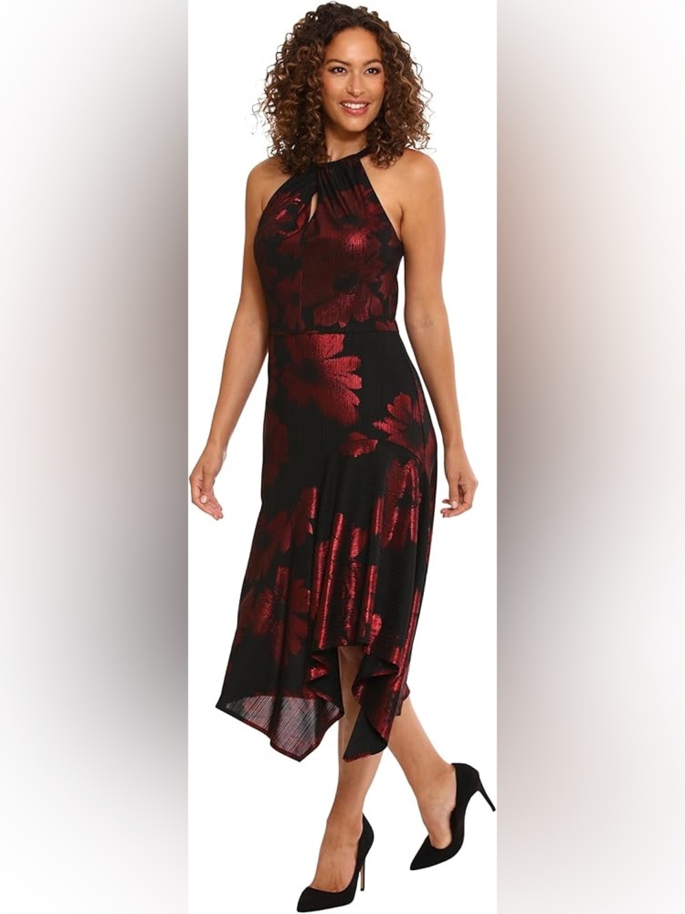 London Times Black & Red Metallic Floral Halter Midi Dress Size 2
